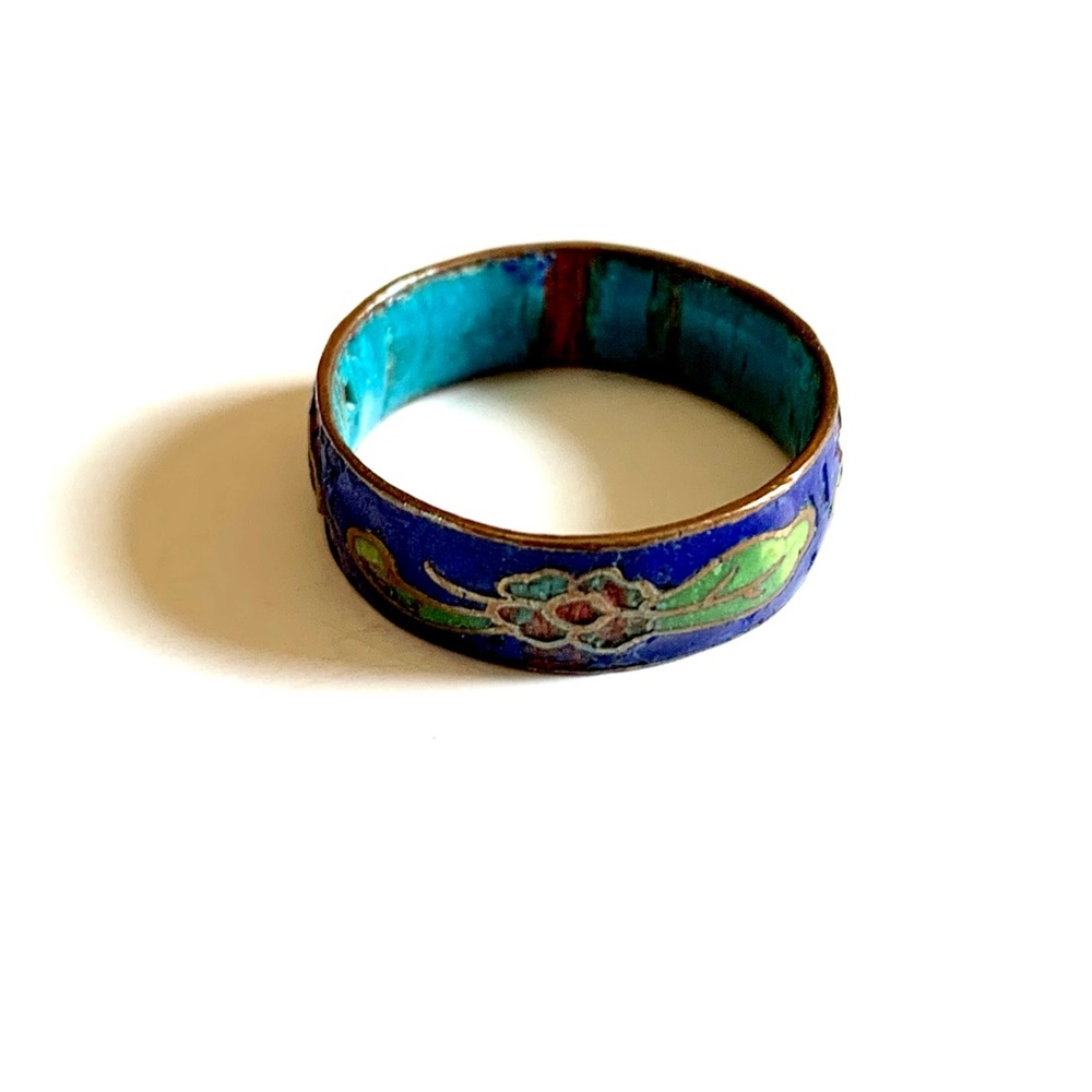 Cloisonné Ring Colored Enamel Inlay Flowers Vintage Size 6